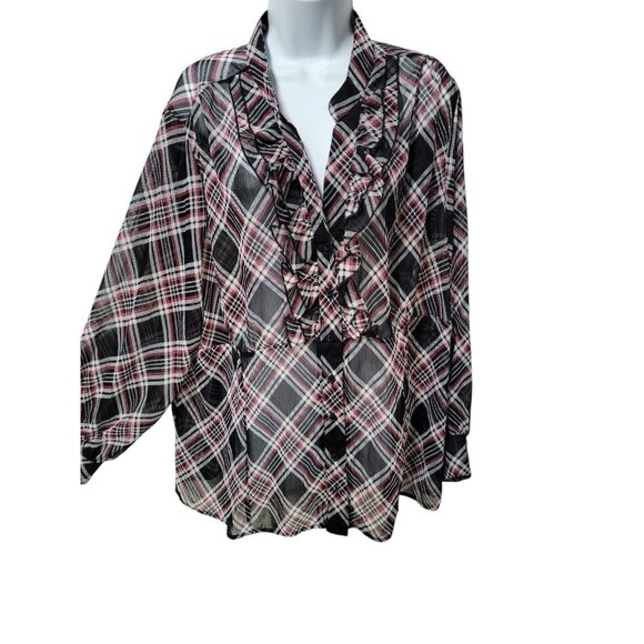 Lane Bryant Size 22/24 Black Plaid Ruffle Front Babydoll Blouse Top Sheer Preppy - Picture 2 of 13